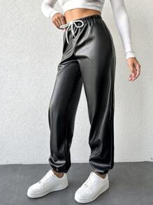 EURMUSE Drawstring Waist PU Pants - Black - View 3