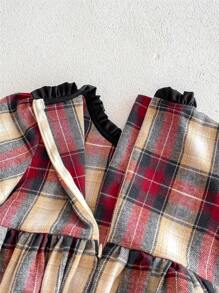 女嬰格紋印花荷葉邊前蝴蝶結荷葉袖連身背心 - 酒紅色 - 查看 6