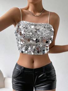 SHEIN Privé Gorgeous Glittery Short Cami Top For Women - Silver - View 1
