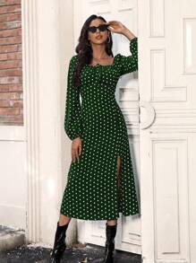 SHEIN Frenchy Của phụ nữ Giải trí In vết tròn Polka Cổ vuông Cái nĩa cao Hem Đầm - Màu xanh lá cây đậm - Xem 4