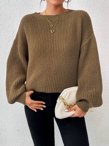 SHEIN Essnce Drop Shoulder Ribbed Knit Sweater - Khaki - View 1