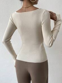 Chiquease Two Tone Asymmetrical Neck Ribbed Knit Sweater,Long Sleeve Tops Knit Pullover Fall Winter Sweater - Apricot - View 2