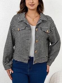 SHEIN LUNE Plus Houndstooth Print Drop Shoulder Flap Detail Jacket - Black and White - View 4