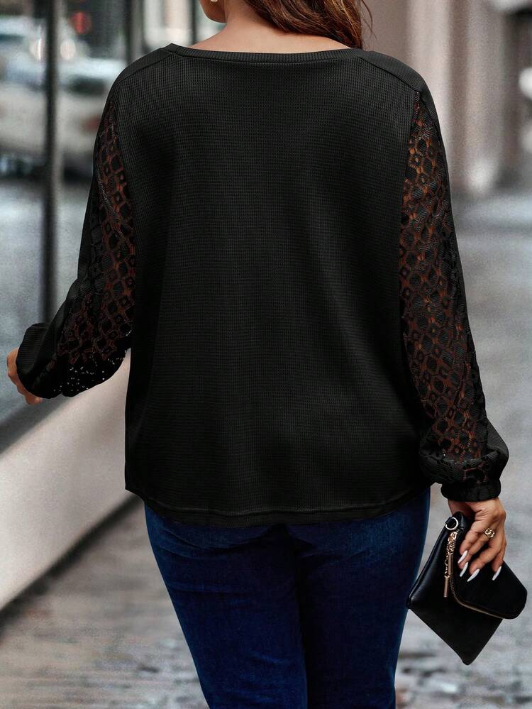Plus Contrast Lace Lantern Sleeve Tee Fall Cloth For Women