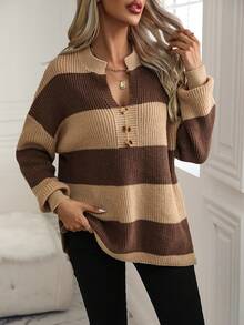 SHEIN LUNE Hai tông màu Sọc Thả vai Áo len Với Cổ áo có khía - Màu Khaki - Xem 6