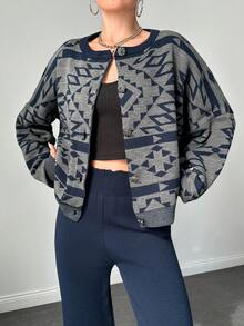 Của phụ nữ Họa tiết Hình học Thả vai Nút phía trước Áo len Mở Và Đan Thẳng Quần Bộ - Nhiều màu - Xem 5