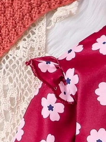 嬰兒女孩花卉印花荷葉邊連帽夾克和運動褲 - 酒紅色 - 查看 4