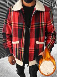 Manfinity Homme Loose Fit Men's Plaid Printed Overcoat With Borg Collar - Multicolor - View 1