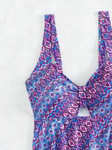 SHEIN Swim Summer Women's Random Printed Spaghetti Strap Tankini Set With High Waisted Bottom & Padded Bralette