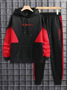 Manfinity Homme 男士大码字母圖案撞色袋鼠口袋抽繩連帽衫和運動褲 - 紅色 - 查看 1