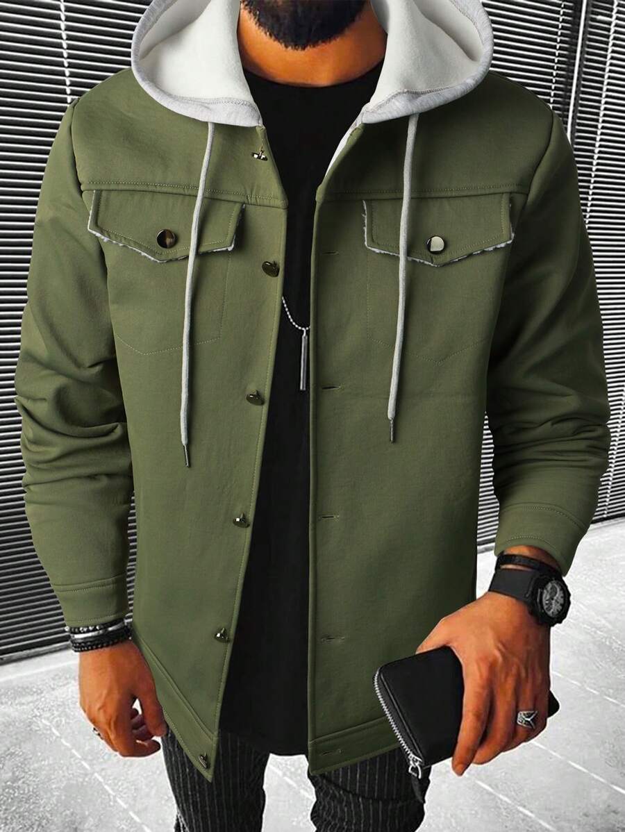 Manfinity Homme Men's Hooded Drawstring Jacket - Army Green - View 1