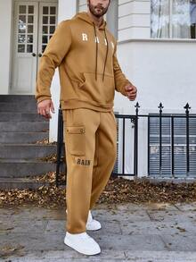 Manfinity Homme 男士大尺碼字母印花連帽運動衫和運動褲套裝(附抽繩) - 棕色 - 查看 3