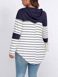SHEIN LUNE Hơn In sọc Curved Hem Dây rút áo có mũ Áo thun - Màu xanh hải quân - Xem 2