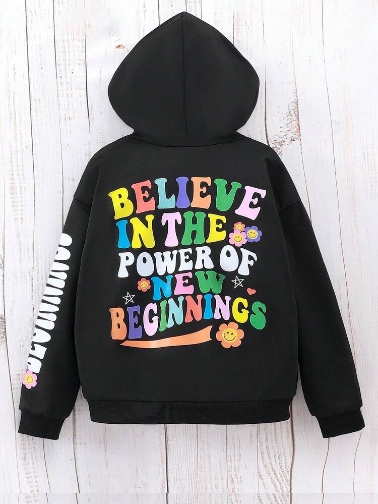 Girls' Hooded Sweatshirt With Letter Print, Autumn/winter