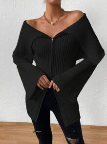 SHEIN Privé 女士露肩肋編拉鍊釦上針織衫 - 黑色 - 查看 6