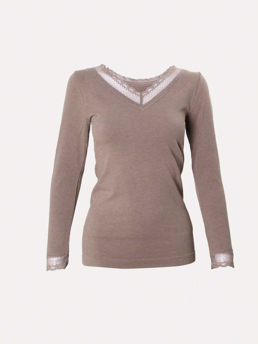 Teen Girl Lace Trim Tee - Khaki - View 1