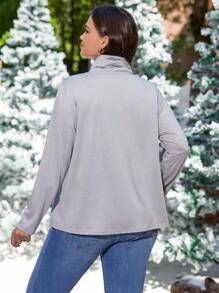 SHEIN LUNE Plus Button Detail Cowl Neck Tee - Grey - View 2