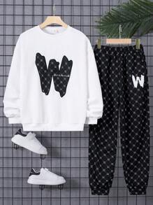 男童寬鬆休閒圓領圖案連帽衫褲子兩件套 - 黑色 - 查看 1