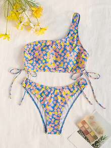 SHEIN 女士花卉印花一肩兩件式比基尼套裝 - 彩色 - 查看 3