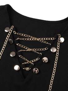 Women's Button & Chain Decor Bodycon Dress - Black - View 6