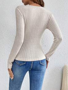 SHEIN Frenchy Chất rắn Đan chéo Đồ đan Ribbed Áo thun - Màu be - Xem 2