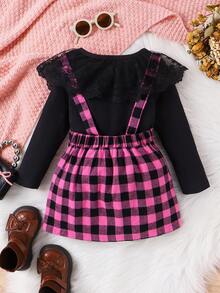 SHEIN 小女孩蕾絲拼接t恤和格子背帶裙兩件套裝 - 紫羅蘭色 - 查看 2