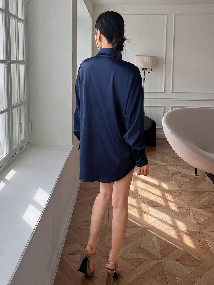 Loose-Fit Satin Color Blocking Button-Down Shirt For Women
