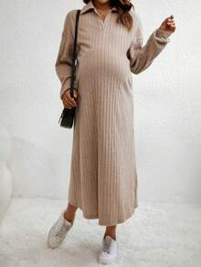 SHEIN Maternity Ribbed Knit Drop Shoulder Dress - Khaki - View 4