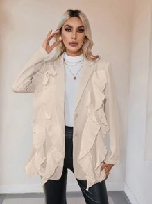 SHEIN Privé Nhọn Cổ áo tây Xù Hoa Sen Trang trí ren Bộ đồ Áo khoác - Màu Khaki - Xem 3