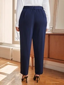 SHEIN Frenchy 大碼腰帶長褲帶褶皺和傾斜口袋 - 藏蓝色 - 查看 2