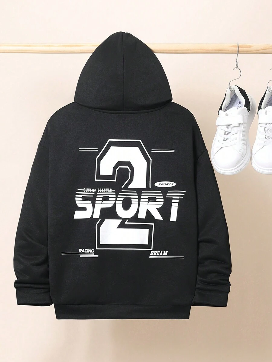 SHEIN Áo nỉ tay lửng dành cho bé trai tuổi teen, họa tiết chữ in và chi tiết vá. - màu đen - Xem 1