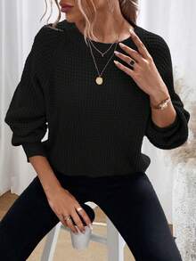 SHEIN Essnce 純色圓肩袖休閒女式毛衣 - 黑色 - 查看 6