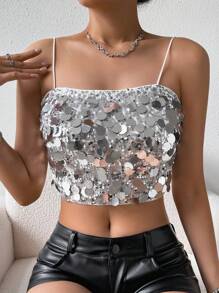 SHEIN Privé Gorgeous Glittery Short Cami Top For Women - Silver - View 6