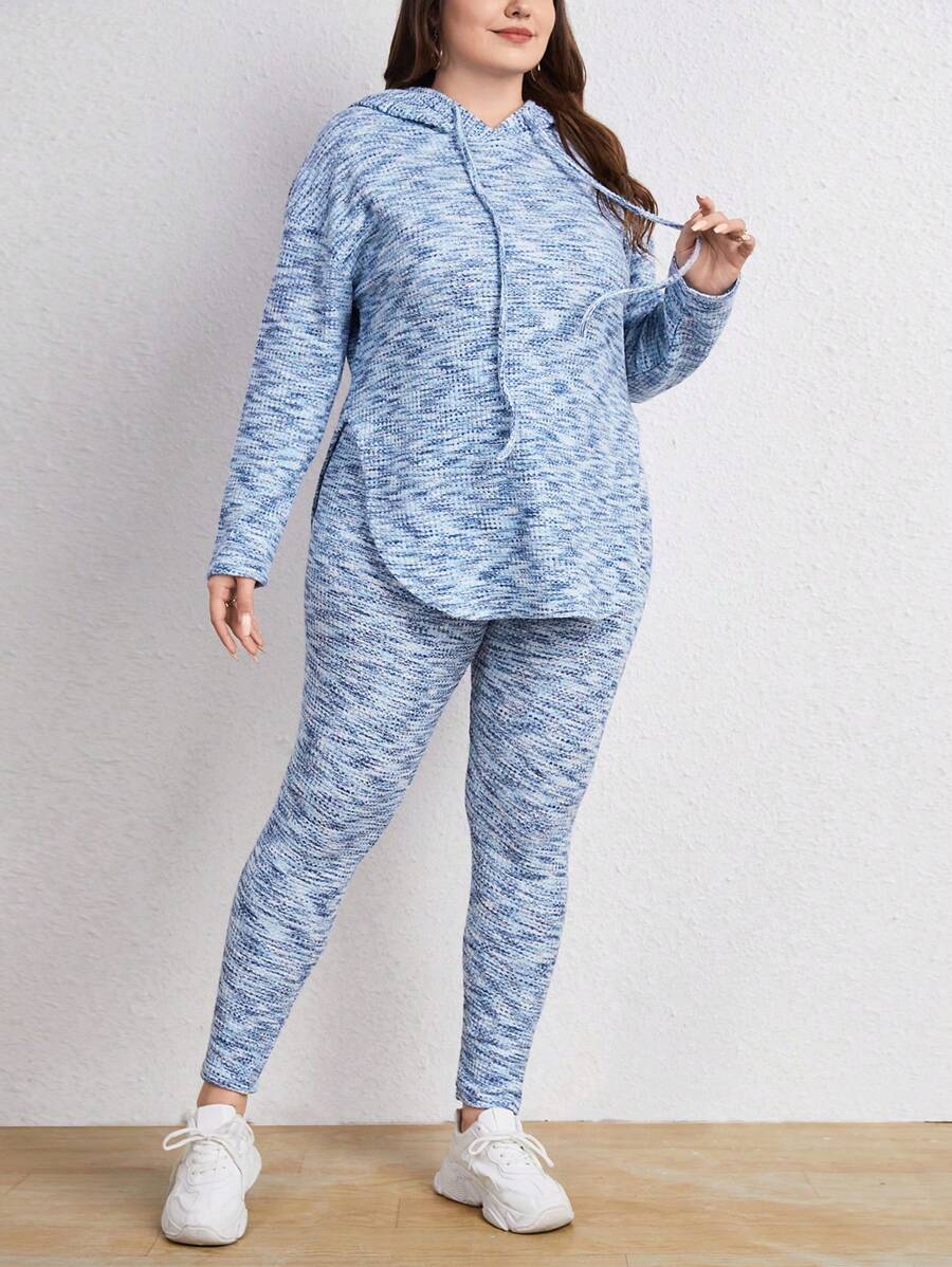 SHEIN Essnce Plus 段染色弧形下擺連帽衫和打底褲 - 藍色 - 查看 1