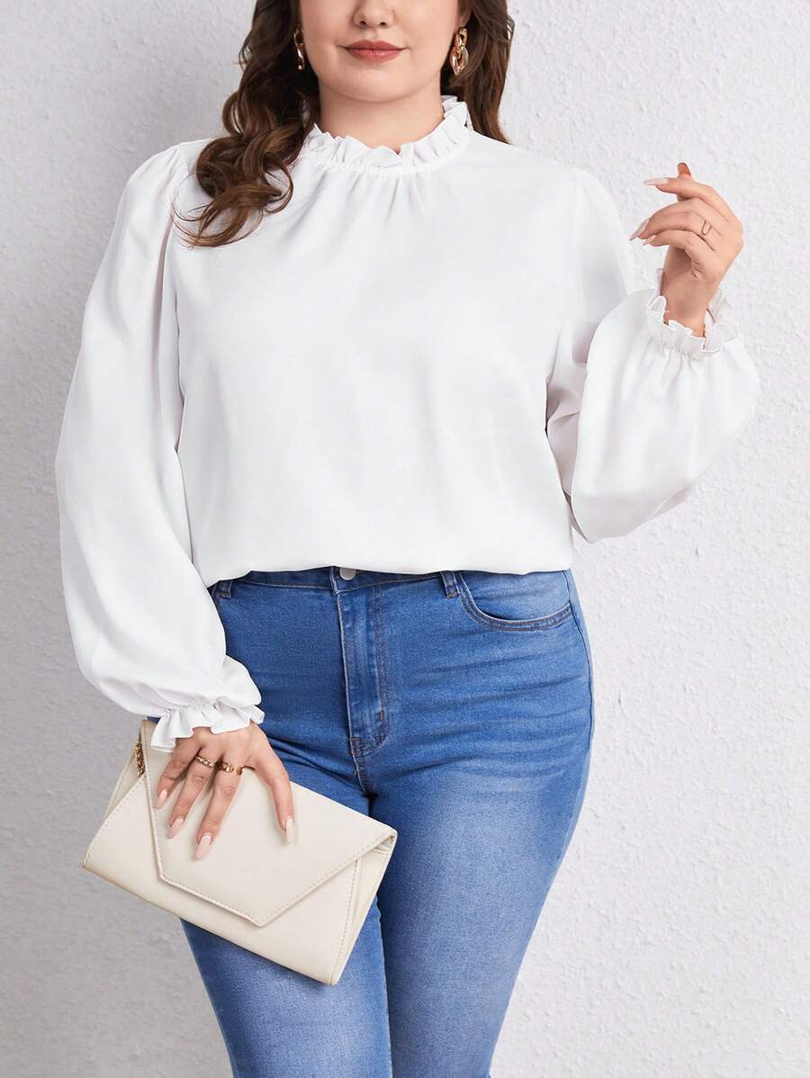 SHEIN Privé Plus Frill Trim Mock Neck Flare Sleeve Blouse - White - View 1