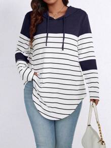 SHEIN LUNE Hơn In sọc Curved Hem Dây rút áo có mũ Áo thun - Màu xanh hải quân - Xem 1