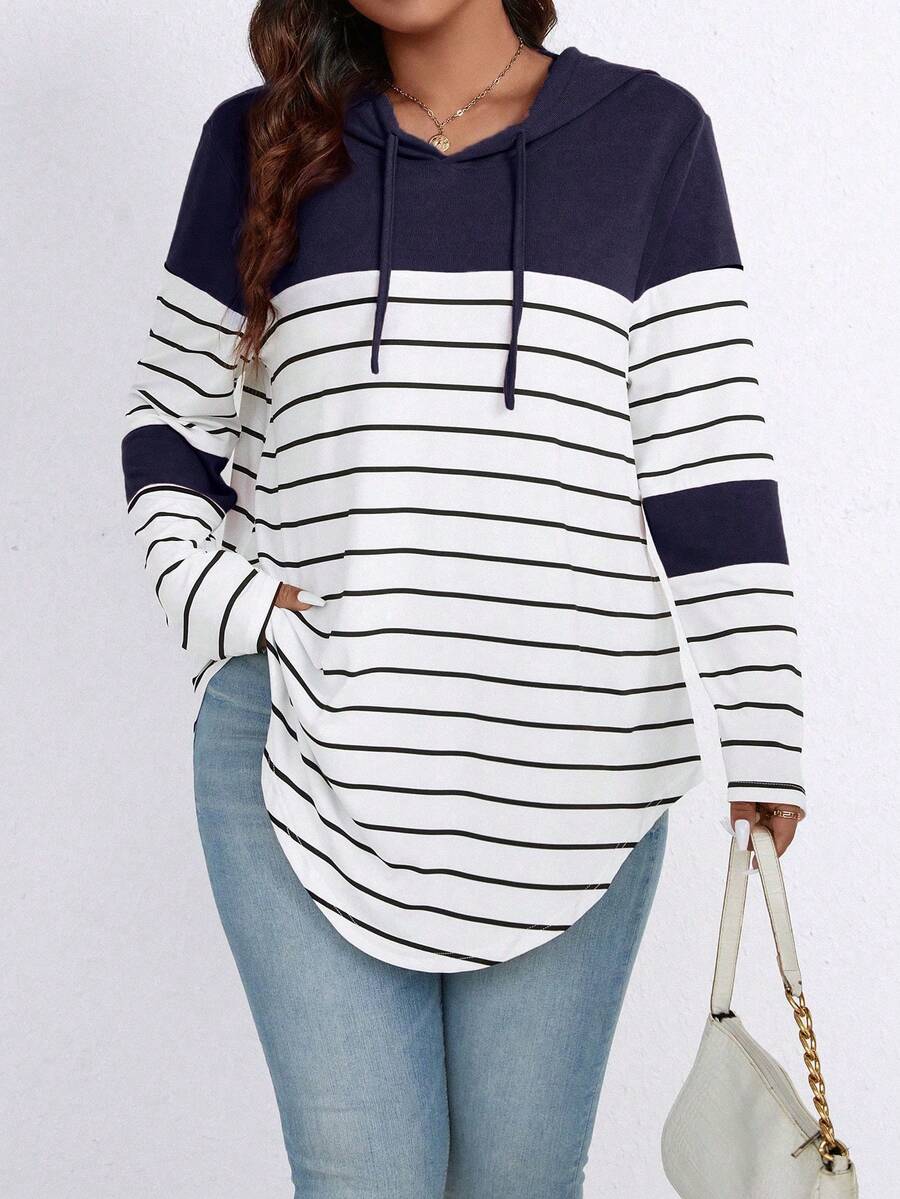 SHEIN LUNE Hơn In sọc Curved Hem Dây rút áo có mũ Áo thun - Màu xanh hải quân - Xem 1