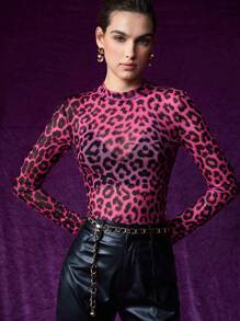 Maija 高領豹紋網眼上衣(無胸墊)