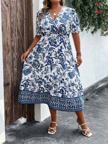 SHEIN LUNE Đầm Plus Size Viên lá sen Trọn gói Hoa Tất cả trên in Boho - Xanh và trắng - Xem 3