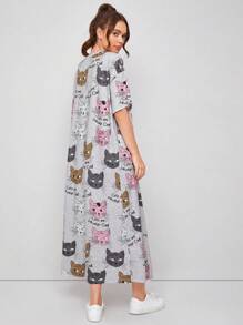 Seusyu Drop Shoulder Slogan & Cat Print Tee Dress - Multicolor - View 2