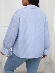 Celure 加大碼條紋印花打結袖口襯衫 - 藍色 - 查看 2