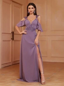 SHEIN Belle 露肩設計,刺繡貼花,a字伴娘服（成人） - 紫色 - 查看 7