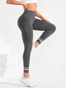 Yoga Basic 條紋印花寬腰帶運動打底褲,訓練褲 - 灰色 - 查看 3