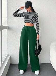 RueChic 女士純色彈性高腰寬褲運動褲 - 綠色 - 查看 4