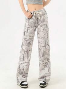 Nastoletnie dziewczyny Styl Vintage Kamuflaż Nadruk Luźny, swobodny Dopasowane & Wygodna Dżins Spodnie z szerokimi nogawkami Z Regulowany  Sznurek do ściągacza - Szary - Zobacz 3
