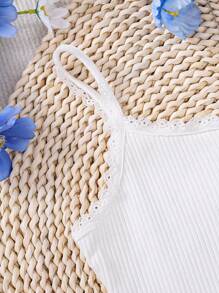 SHEIN Teenage Girls' Knitted Ribbed Panel & Lace Splicing Camisole For Summer