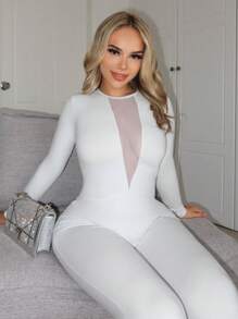 SHEIN SXY Women's Sexy Mesh Contrast Unitard Jumpsuit - White - View 5