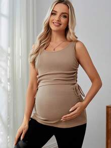 SHEIN 孕婦束腰設計,褶皺按鈕母乳坦克上衣 - 卡其色 - 查看 3