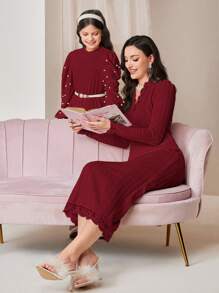 Modelyn 勃艮第红色纯色纽扣前蕾丝边连衣裙（无腰带） - 酒紅色 - 查看 9