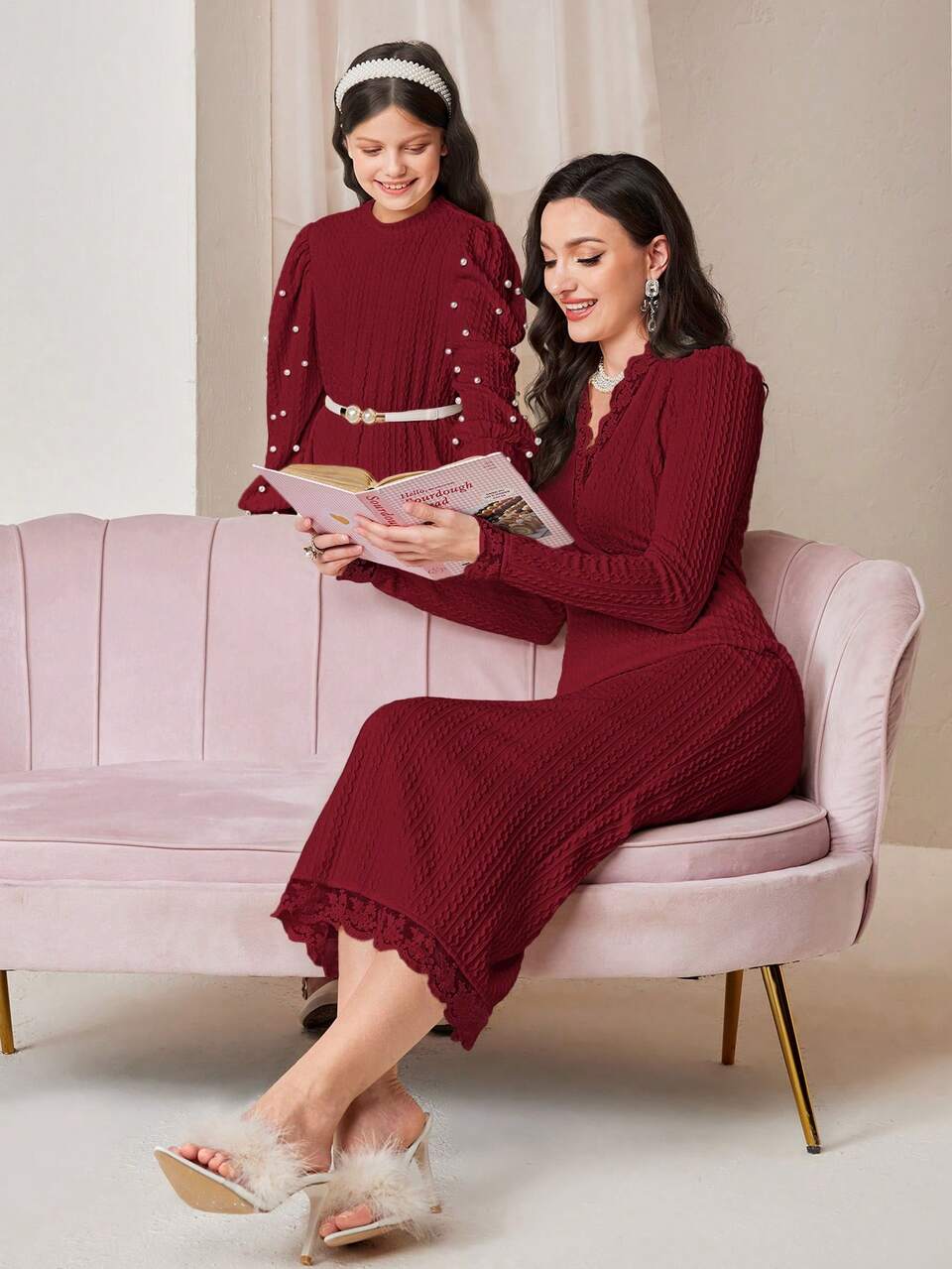 Burgundy Red Solid Button Front Lace Trim Dress Without Belt